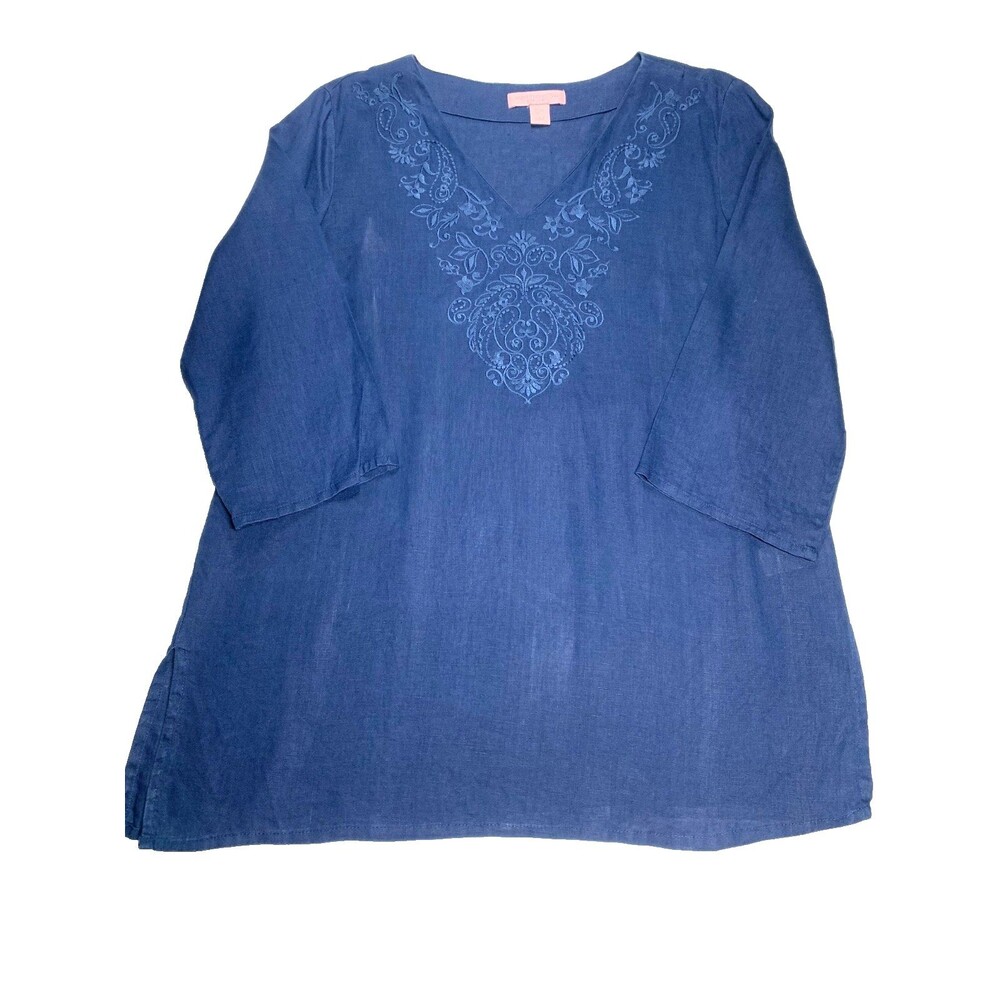 Saint Tropez West 100% Linen Tunic Top Large Blue Lagenlook Coastal Blouse L